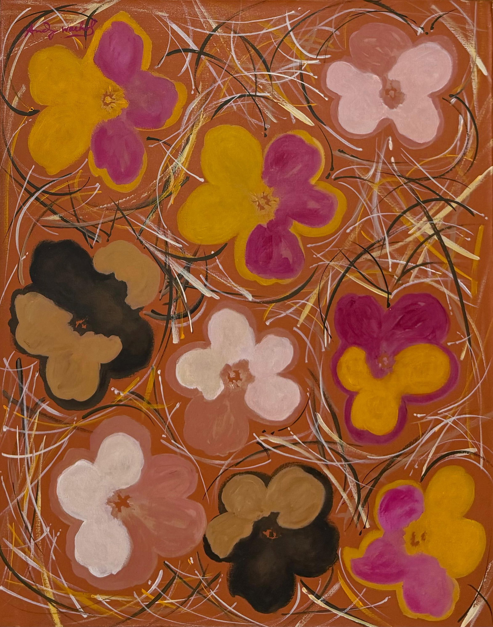 Andy Warhol American 1928-1987 Acrylic on Canvas Painting in the style of.Basquiat Pop Art Era: Title: Floral Abstraction in Pink and Gold Technique: Acrylic on canvas Measures: 20 x 16 inches (50.8 x 40.6 cm) Year: Contemporary Pop-Art Tradition Condition: Good condition. Surface shows stable p