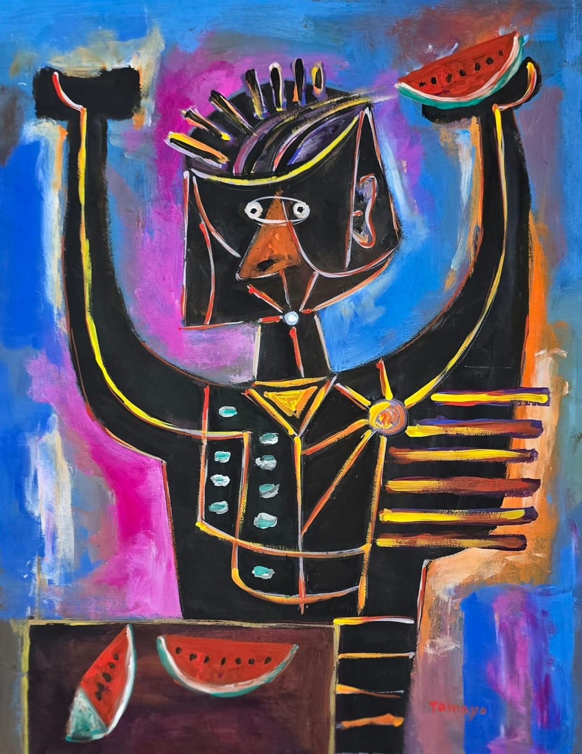 Rufino Tamayo Mexican 1899-1991 Figure with Watermelon, In the Style of, Oil on Canvas: Title: Figure with Watermelon Technique: Oil on canvas Measures: 14 x 11 inches (35.6 x 27.9 cm) Year: Circa Mid-20th Century Modernist Tradition Condition: Good overall condition. The surface shows s