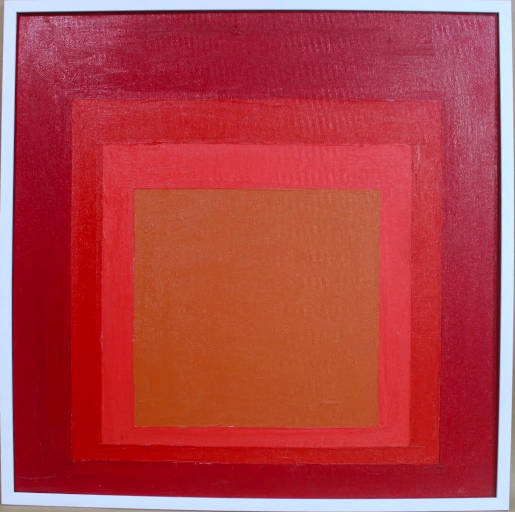 Josef Albers German-American 1888–1976 Oil on Canvas Painting in the Style of Homage to the Square: Title: Homage to the Square Technique: Oil on canvas Measures: 31 x 31 inches (78.7 x 78.7 cm) Year: Circa mid-20th century Color Field period Condition: Good condition. Surface presents stable pigmen