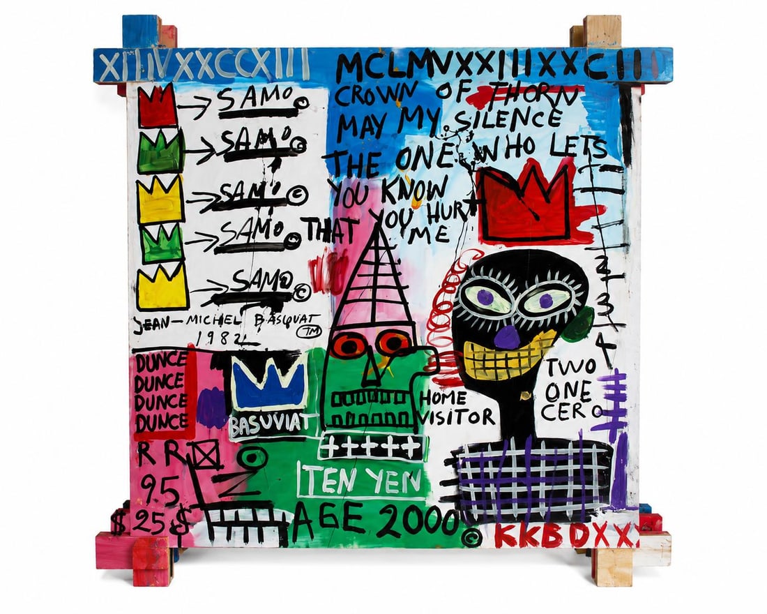 Jean-Michel Basquiat American 1960–1988 Acrylic on Canvas Painting in the Style of Flexible: Title: Flexible Technique: Acrylic on canvas Measures: 35 x 35 inches (88.9 x 88.9 cm) Year: Circa 1980s Neo-Expressionist period Condition: Good condition. Surface presents stable pigment application