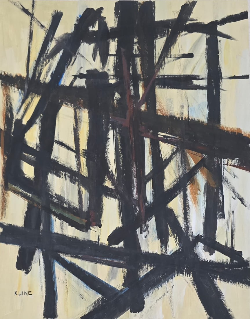 Franz Kline American 1910–1962 Oil on Paper Painting in the Style of Mahoning Abstract: Title: Mahoning Technique: Oil on paper Measures: 17 x 13 inches (43.2 x 33 cm) Year: Circa 1950s Abstract Expressionist period Condition: Good condition. Surface presents stable pigment application w