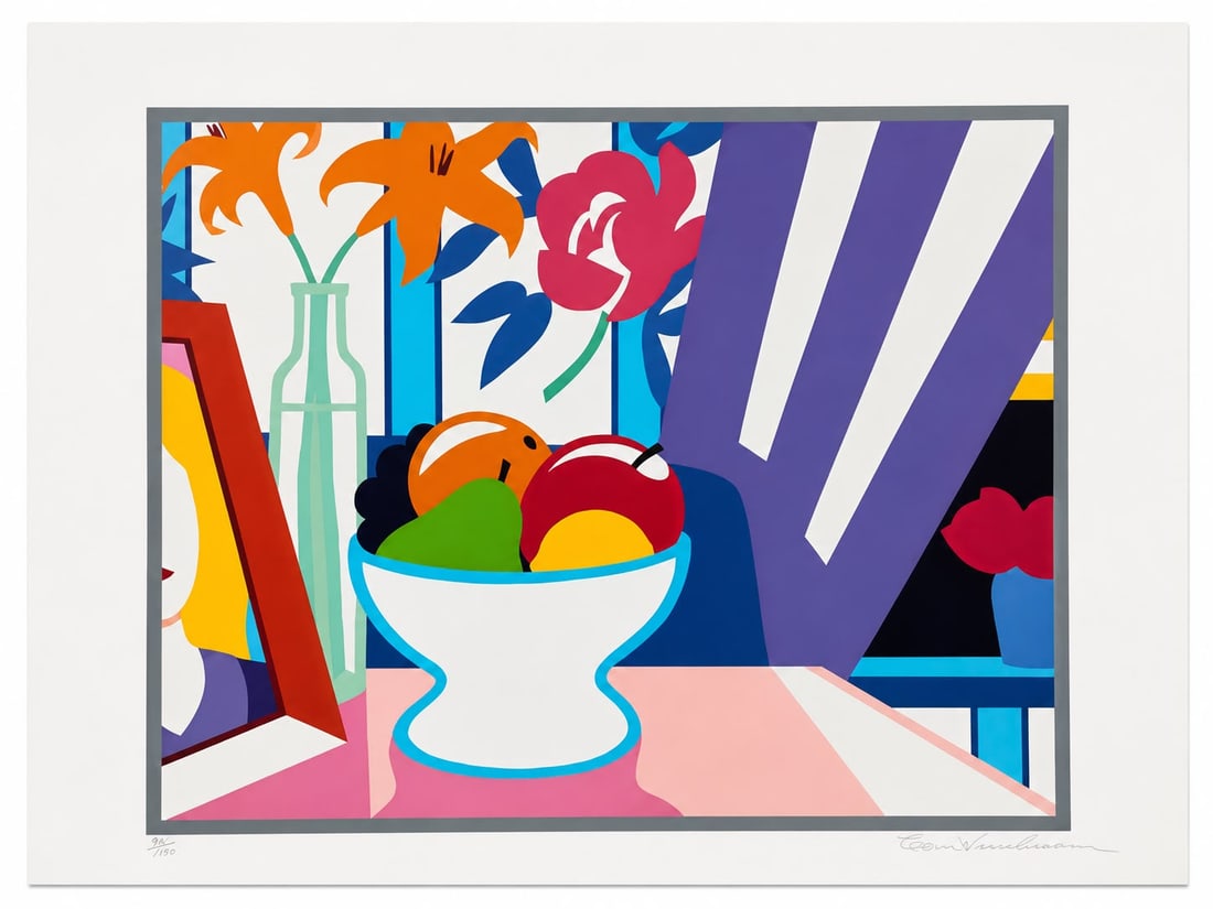 Tom Wesselmann American 1931–2004 Serigraph in the Style of Pop Art Still Life: Title: Still Life with Fruit and Flowers Technique: Serigraph on paper. Measures: 27 x 33 inches (68.6 x 83.8 cm). Year: Circa 1980s. Condition: Good overall condition. The serigraph presents strong c