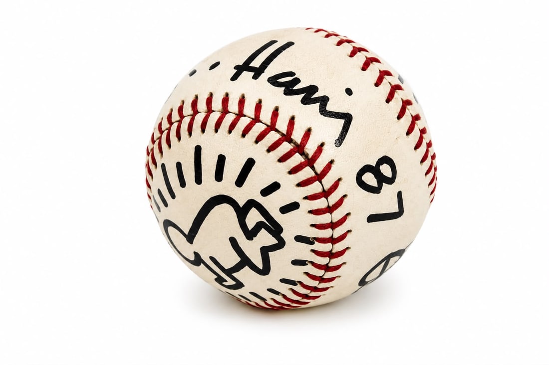 Keith Haring American 1958–1990 Hand-Painted Baseball in the Style of Untitled Pop Art: Title: Untitled Baseball Technique: Hand-painted baseball Measures: Official Major League baseball size Year: Circa 1980s Pop Art period Condition: Good condition. Surface presents stable hand-painted