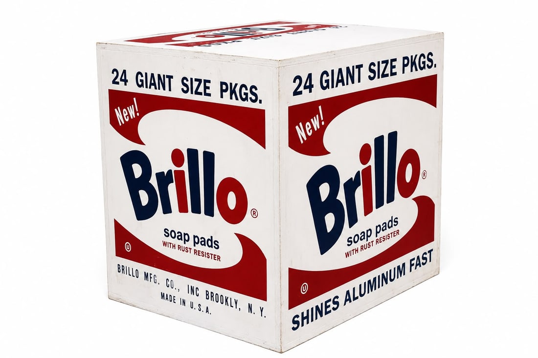 Andy Warhol American 1928–1987 Painted Wood Sculpture in the Style of Brillo Box Pop Art: Title: Brillo Box Technique: Painted wood sculpture Measures: 17 x 17 x 14 inches (43.2 x 43.2 x 35.6 cm) Year: Circa 1964 Pop Art period Condition: Good condition. Surface presents stable painted gra