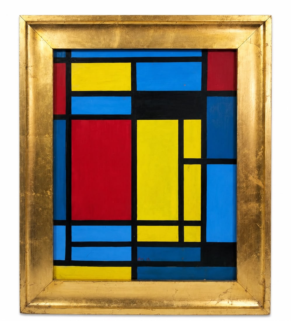 Piet Mondrian Dutch 1872–1944 Oil on Canvas Painting in the Style of De Stijl Geometric: Title: Geometric Composition Technique: Oil on Canvas. Measures: 19 x 15 inches (48.3 x 38.1 cm). Year: Circa 1920s Style. Condition: Good overall condition. The painting presents vibrant primary colo