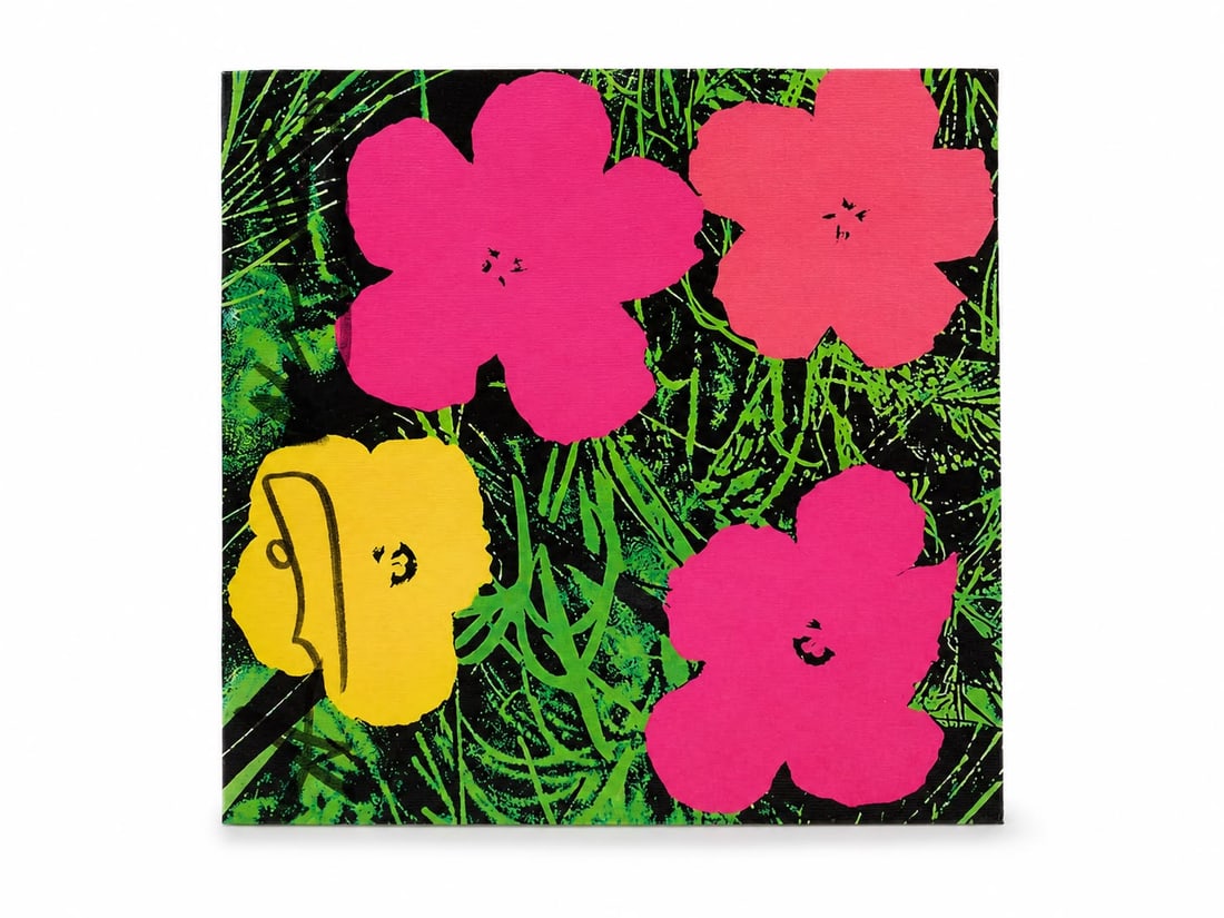 Andy Warhol American 1928–1987 Acrylic on Canvas Painting in the Style of Flowers: Title: Flowers Technique: Acrylic on Canvas. Measures: 20 x 20 inches (50.8 x 50.8 cm). Year: Circa 1964 Pop Art period. Condition: Good overall condition. Bright, saturated colors remain vivid with c