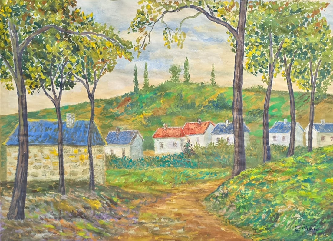 Camille Pissarro French-Danish 1830–1903 Watercolor on Paper in the Style of Impressionist: Title: Village Landscape Technique: Watercolor on Paper. Measures: 17 x 12 inches (43.2 x 30.5 cm). Year: Circa Late 19th Century style. Condition: Good overall condition. Colors remain fresh with wel