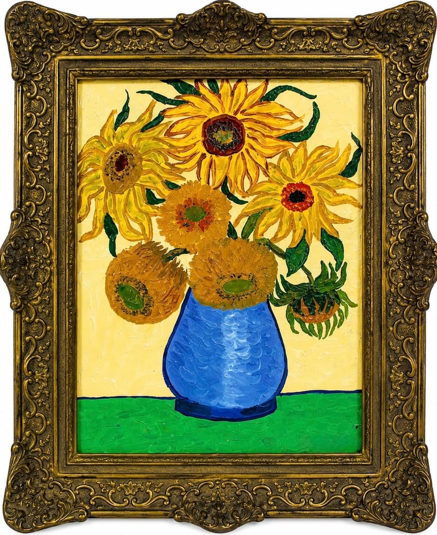 Vincent van Gogh Dutch 1853–1890 Oil on Canvas Painting in the Style of Sunflowers: Title: Sunflowers Technique: Oil on Canvas. Measures: 17 x 14 inches (43.2 x 35.6 cm). Year: Circa 1888 Post-Impressionist style. Condition: Good overall condition. The painting exhibits richly textur
