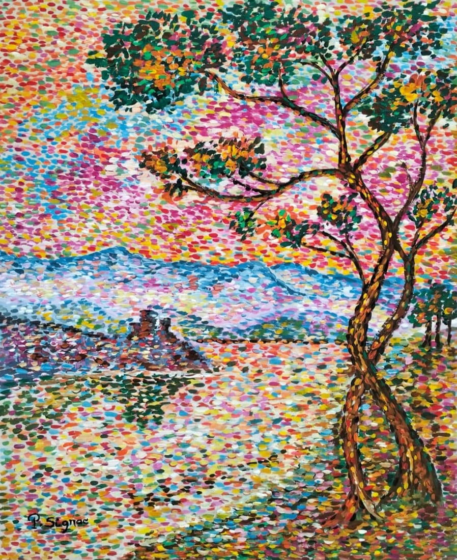 Paul Signac French 1863–1935 Gouache on Paper Painting in the Style of Pointillist Landscape: Title: Coastal Landscape Technique: Gouache on Paper. Measures: 16 x 12 inches (40.6 x 30.5 cm). Year: Circa 1890s Neo-Impressionist style. Condition: Good overall condition. Colors remain vibrant wit
