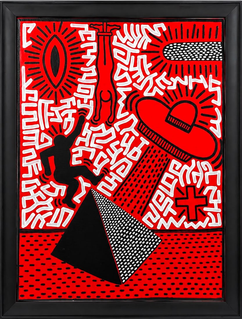 Keith Haring American 1958–1990 Acrylic on Canvas Painting in the Style of "Omni" Pop Art: Title: Omni Technique: Acrylic on Canvas. Measures: 31 x 21 inches (78.7 x 53.3 cm). Year: Circa 1980s. Condition: Good overall condition. The painting displays vibrant color, crisp black outlines, an