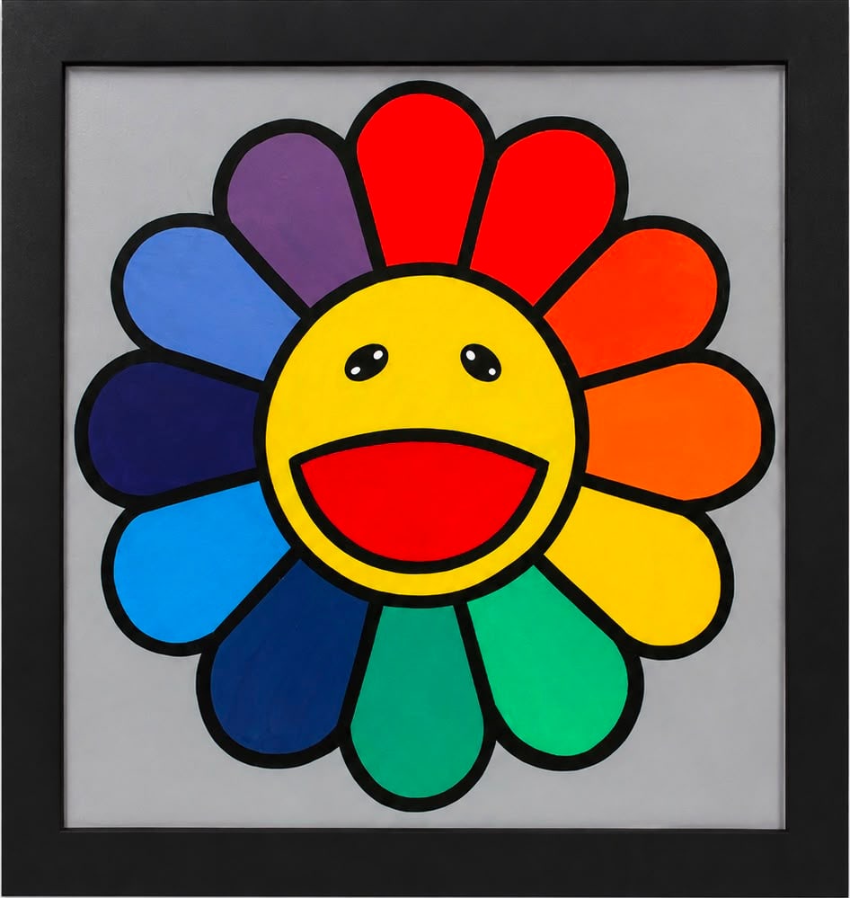 Takashi Murakami Japanese 1962–Present Acrylic on Canvas Painting in the Style of Smiling Flower: Title: Smiling Flower Technique: Acrylic on Canvas. Measures: 24 x 24 inches (61 x 61 cm). Year: Contemporary. Condition: Good overall condition. Brilliant color with a clean painted surface and excel