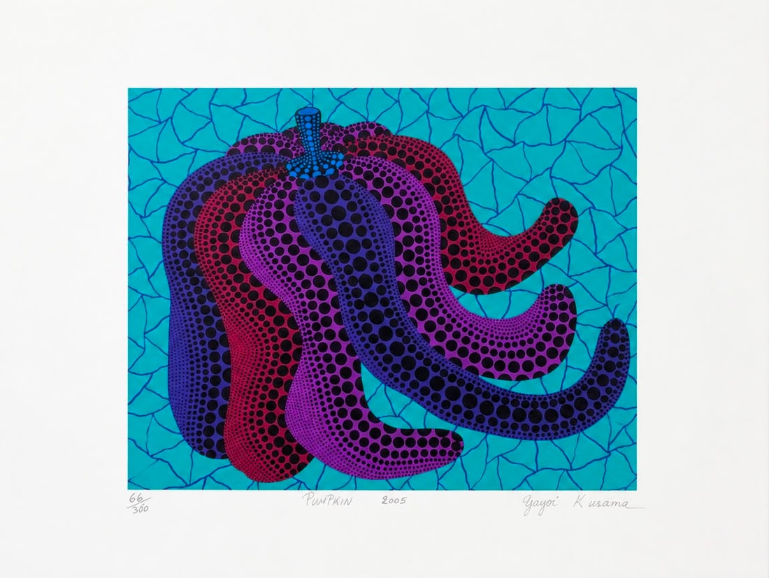 Yayoi Kusama Japanese 1929–Present Lithograph on Paper "Pumpkin" in the Style of Contemporary Pop: Title: Pumpkin Technique: Lithograph on Paper. Measures: 13 x 17 inches (33 x 43.2 cm). Year: 2005. Condition: Good overall condition. The print retains excellent color saturation with clean margins a