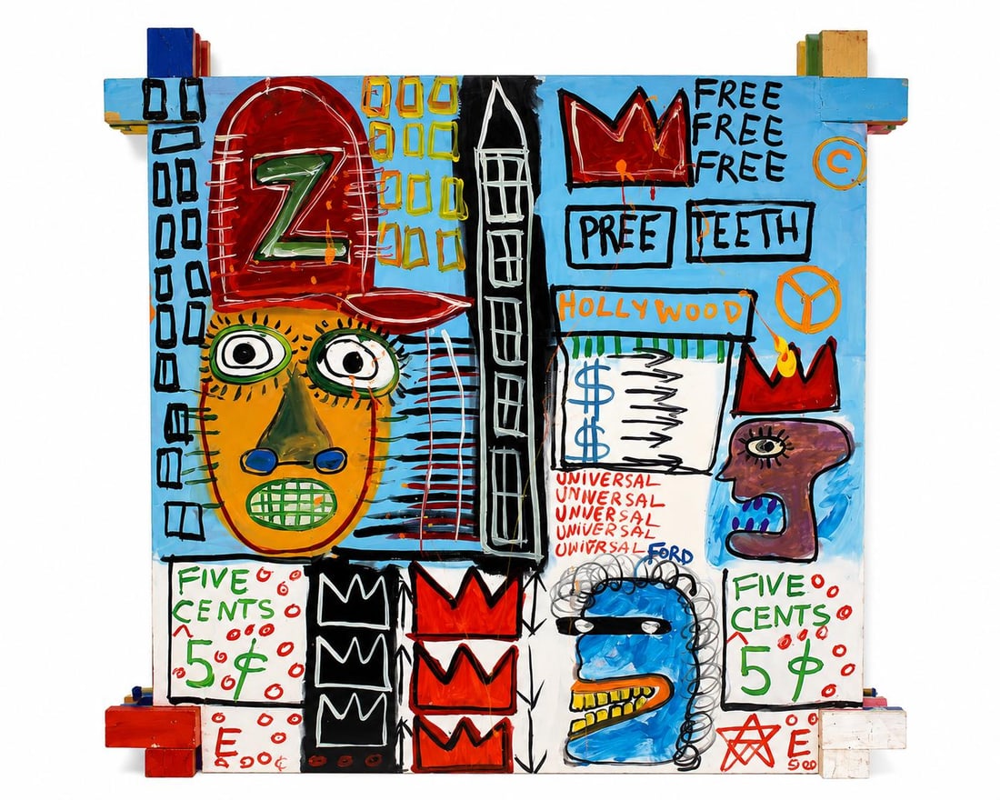 Jean-Michel Basquiat American 1960–1988 Acrylic on Canvas Painting in the Style of Contemporary: Title: Hollywood Technique: Acrylic on Canvas. Measures: 35 x 35 inches (88.9 x 88.9 cm). Year: Circa 1980s. Condition: Good overall condition. Bold color palette with expressive painted surface and e