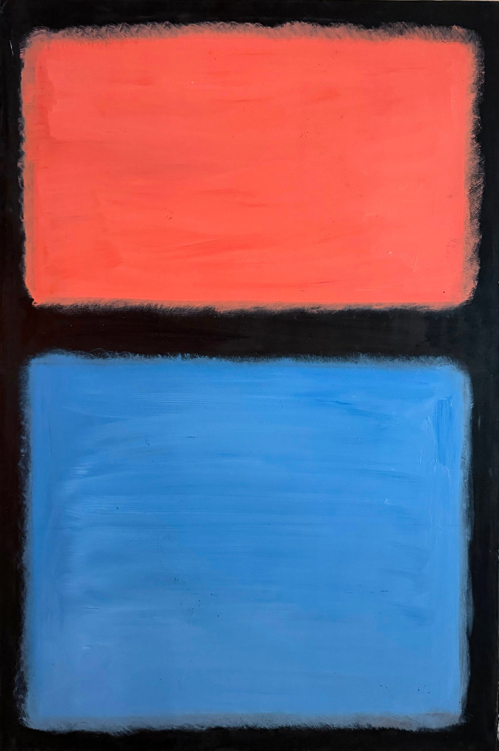 Mark Rothko American 1903–1970 Oil on Canvas Painting in the Style of Color Field Abstraction: Title: Red and Blue Technique: Oil on Canvas. Measures: 47 x 37 inches (119.4 x 94 cm). Year: Circa 1960s. Condition: Good overall condition. Richly preserved painted surface displaying soft atmospher