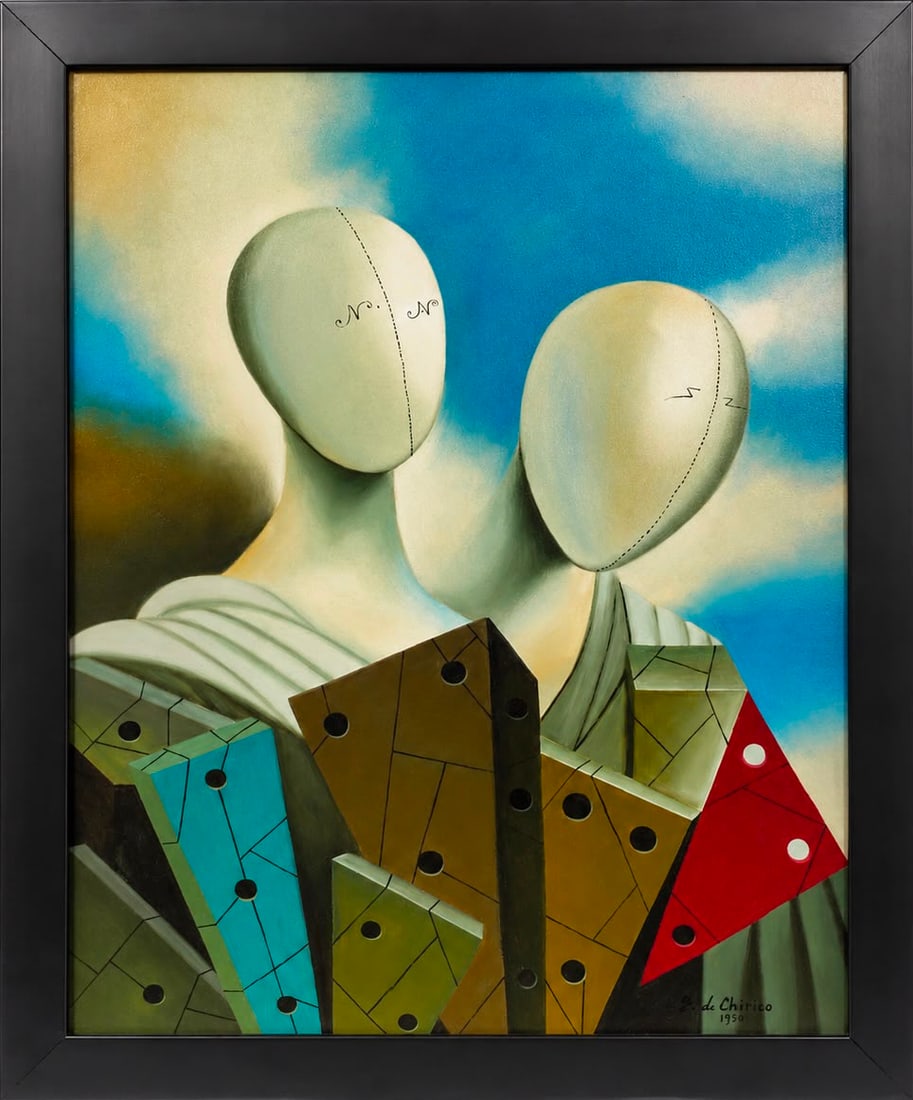 Giorgio de Chirico Italian 1888–1978 Oil on Canvas Painting in the Style of Metaphysical Art: Title: The Silent Philosophers Technique: Oil on Canvas. Measures: 31 x 23 inches (78.7 x 58.4 cm). Year: 1950. Condition: Good overall condition. Surface displays vibrant color, smooth paint applicat