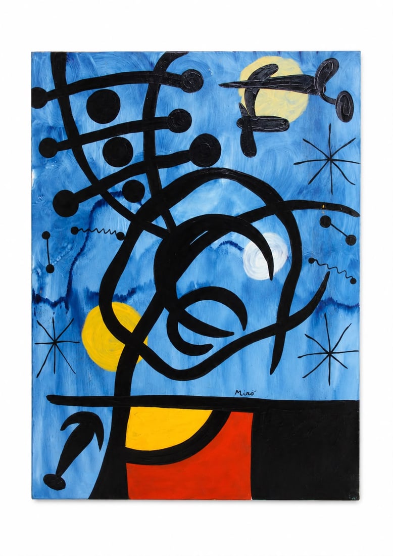 Joan Miró Spanish 1893–1983 Oil on Canvas Painting in the Style of Surrealist Abstraction: Title: Blue Composition Technique: Oil on Canvas. Measures: 31 x 23 inches (78.7 x 58.4 cm). Year: Circa 1960s. Condition: Good overall condition. The painted surface retains brilliant color, expressi