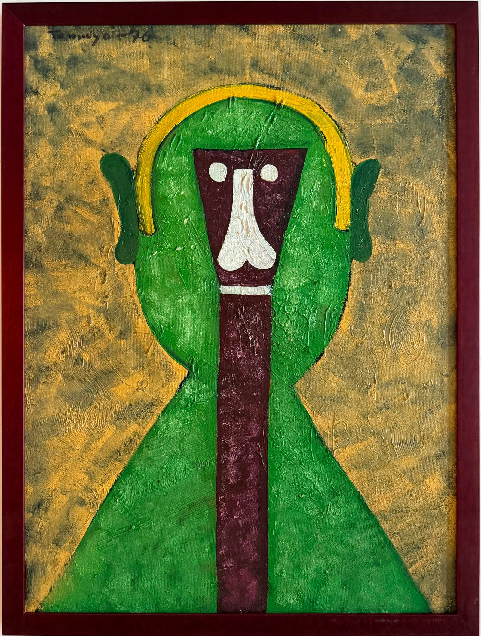 Rufino Tamayo Mexican 1899–1991 Oil on Canvas Painting in the Style of Modern Figurative: Title: Green Figure Technique: Oil on Canvas. Measures: 31 x 23 inches (78.7 x 58.4 cm). Year: Circa 1950s. Condition: Good overall condition. The painting displays a richly textured painted surface w