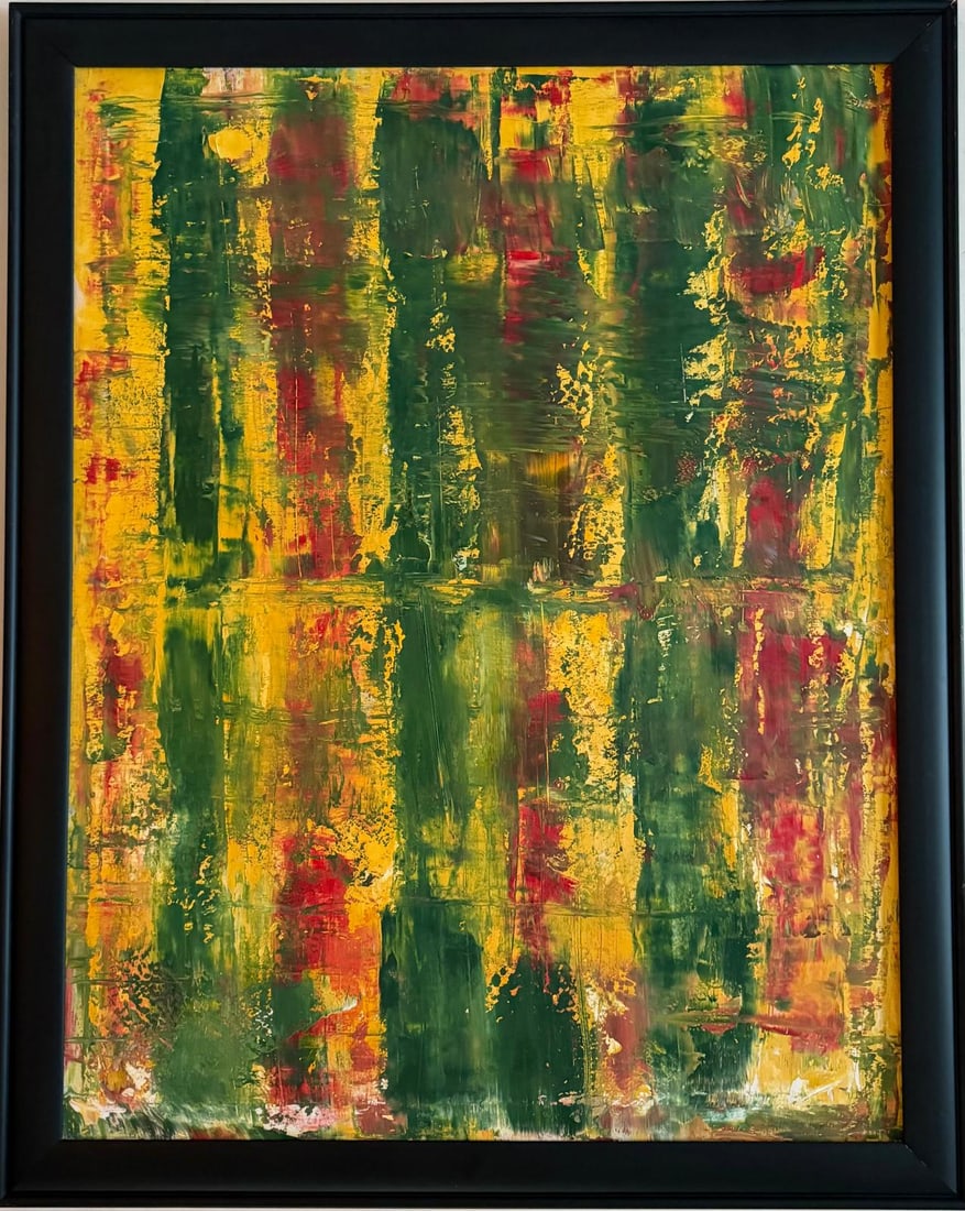 Gerhard Richter German 1932–Present Oil on Canvas Painting in the Style of Abstract Expressionism: Title: Abstract Composition Technique: Oil on Canvas. Measures: 32 x 25 inches (81.3 x 63.5 cm). Year: Contemporary. Condition: Good overall condition. Richly layered painted surface with vibrant colo