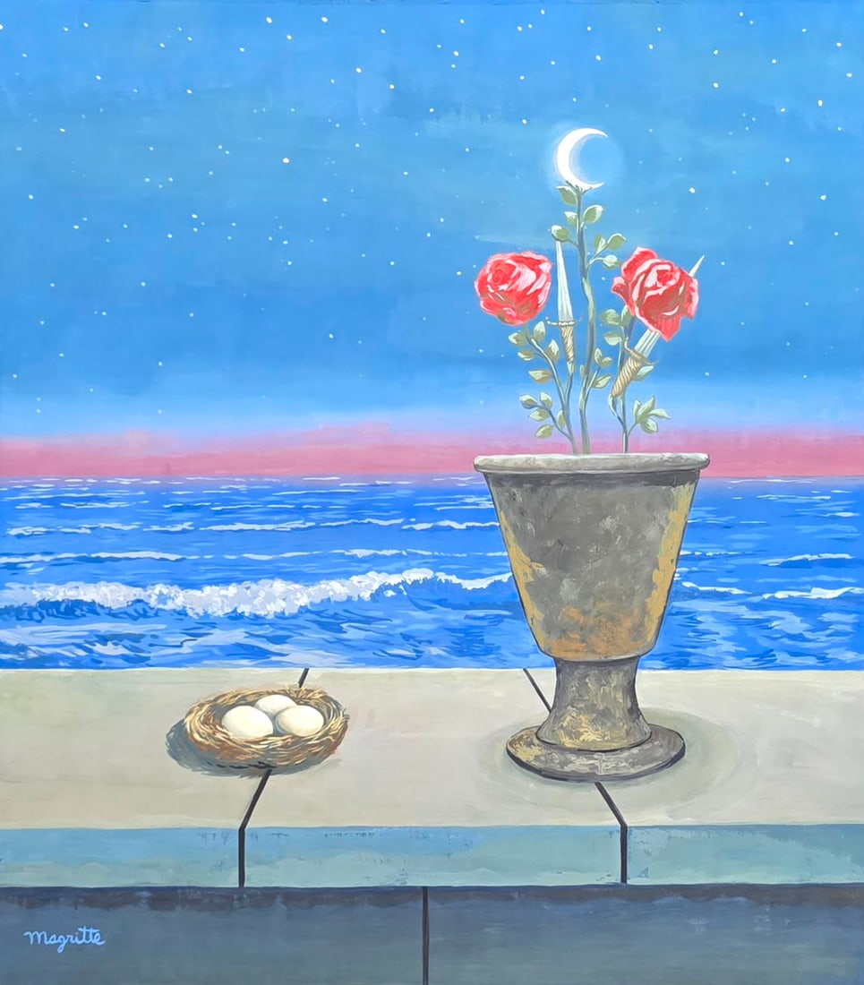 René Magritte Belgian 1898–1967 Gouache on Paper Painting in the Style of Surrealism: Title: Roses Technique: Gouache on Paper. Measures: 15 x 13 inches (38.1 x 33 cm). Year: Circa 1950s. Condition: Good overall condition. The composition retains excellent color and fine detail through