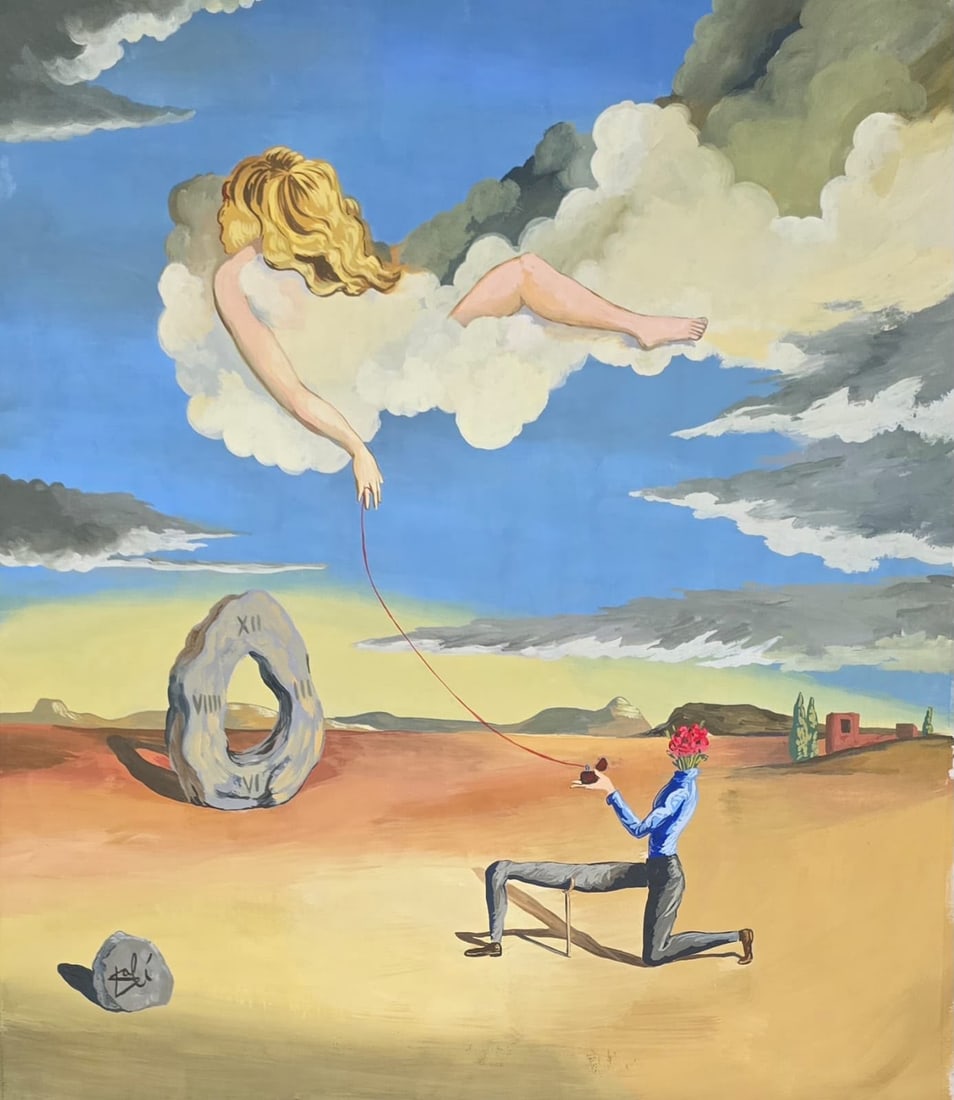 Salvador Dalí Spanish 1904–1989 Oil on Canvas Painting in the Style of Surrealism: Title: Cloud of Desire Technique: Oil on Canvas. Measures: 31 x 23 inches (78.7 x 58.4 cm). Year: Circa 1940s. Condition: Good overall condition. The painted surface retains excellent color, smooth tr