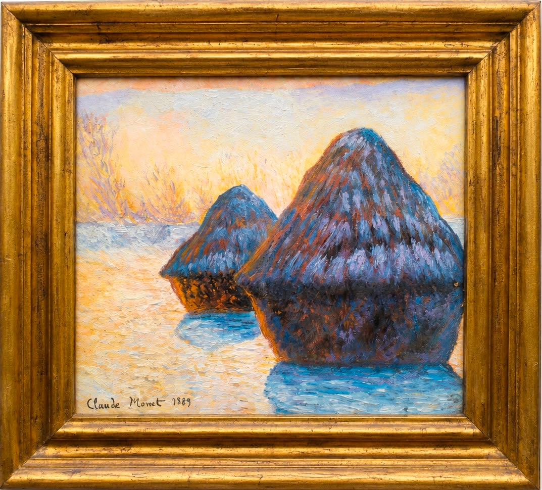 Claude Monet French 1840–1926 Oil on Canvas Painting in the Style of Haystacks: Title: Haystacks Technique: Oil on Canvas. Measures: 16 x 12 inches (40.6 x 30.5 cm). Year: 1889. Condition: Good overall condition. Rich impasto and vibrant Impressionist color remain beautifully pre