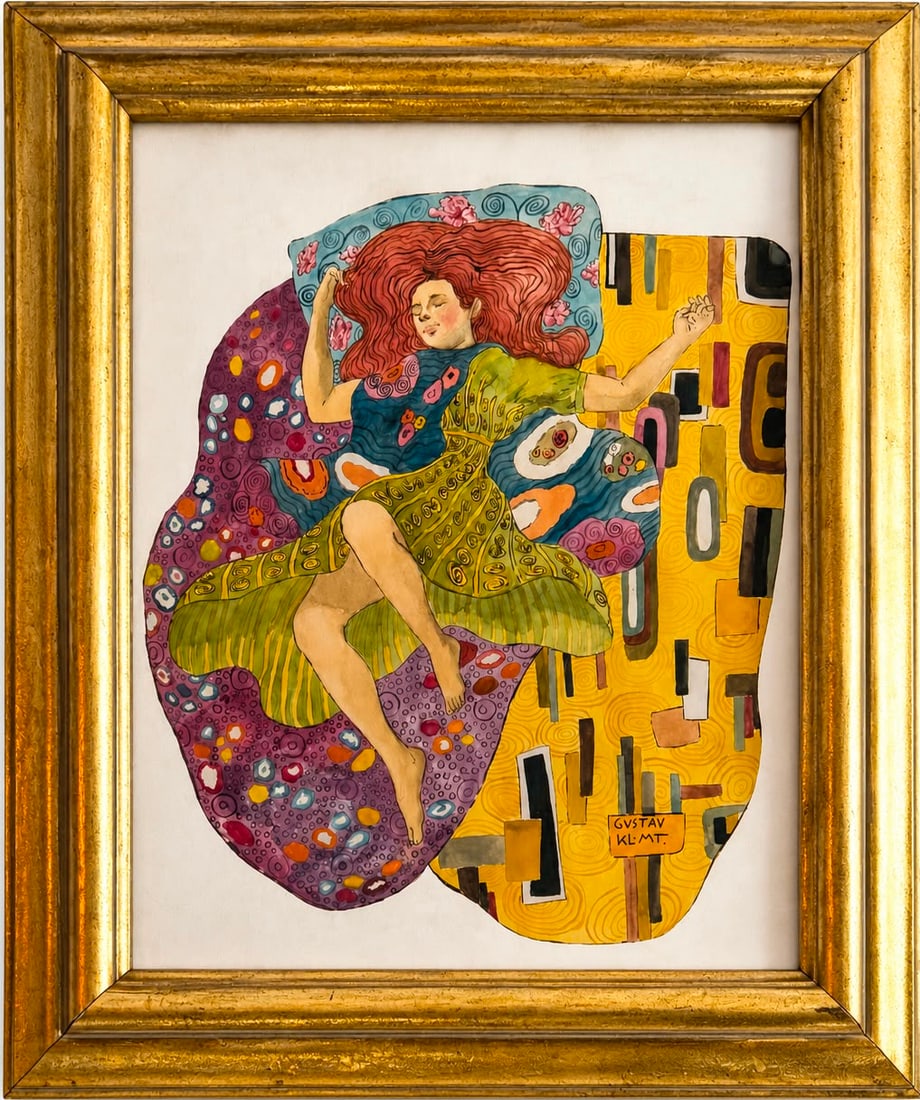 Gustav Klimt Austrian 1862–1918 Gouache on Paper Painting in the Style of Symbolism: Title: Sleeping Woman Technique: Gouache on Paper. Measures: 15 x 13 inches (38.1 x 33 cm). Year: Circa 1905. Condition: Good overall condition. The artwork presents vibrant color, crisp decorative de