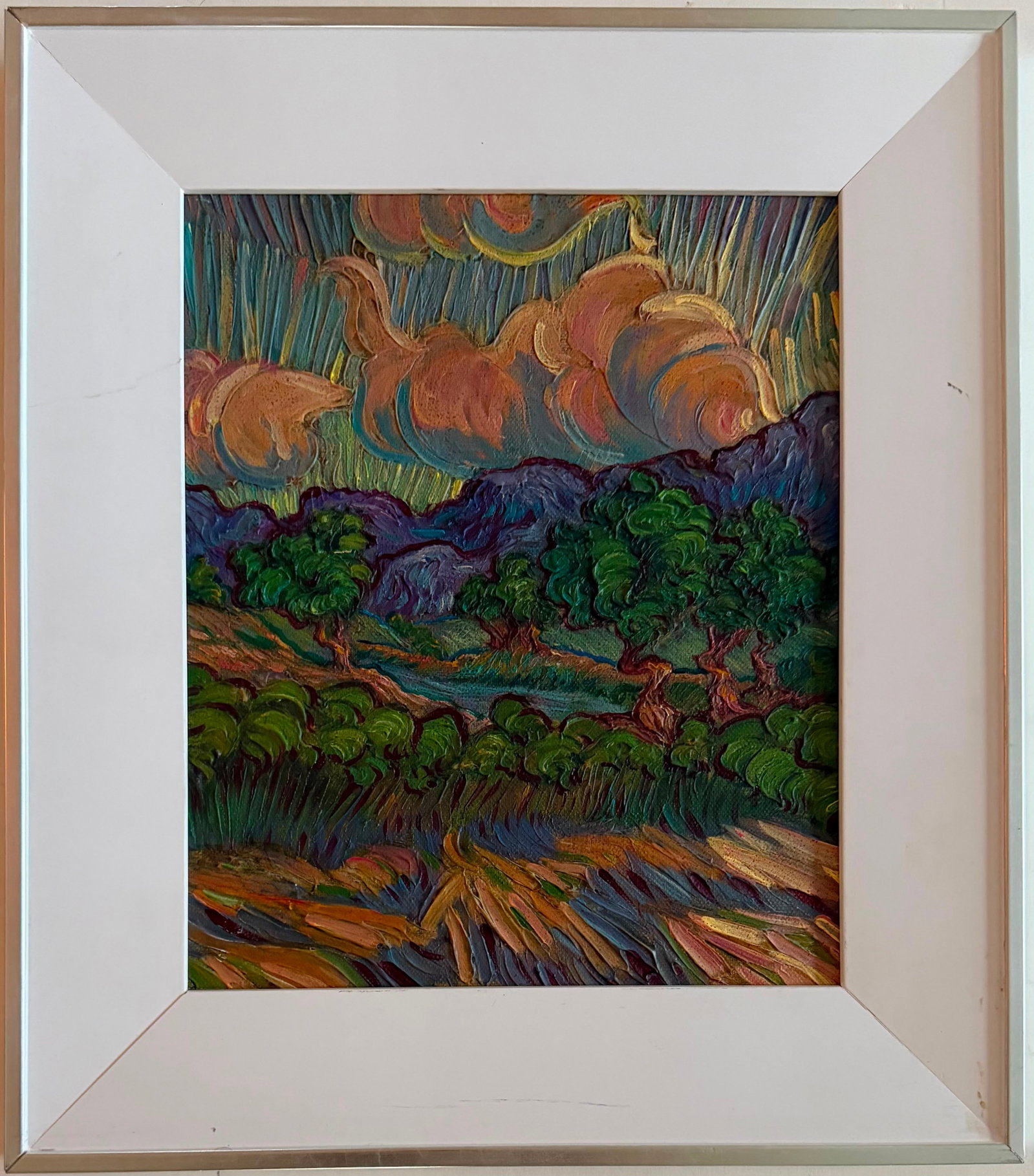 Vincent van Gogh Dutch 1853–1890 Oil on Canvas Painting in the Style of Post-Impressionism: Title: Olive Grove Before the Storm Technique: Oil on Canvas. Measures: 16 x 12 inches (40.6 x 30.5 cm). Year: Circa 1889. Condition: Good overall condition. Rich impasto and expressive brushwork rema