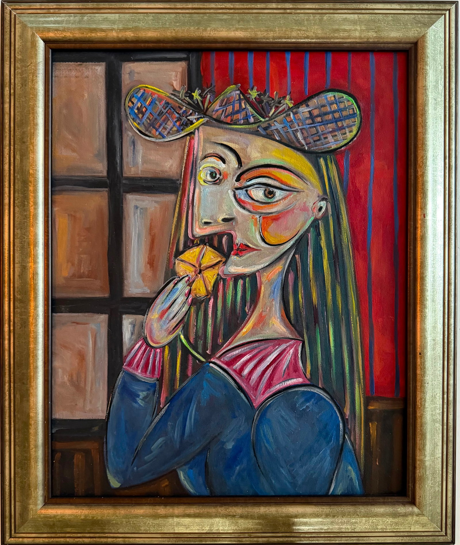 Pablo Picasso Spanish 1881–1973 Oil on Canvas Painting in the Style of Cubism: Title: Woman with Fruit Technique: Oil on Canvas. Measures: 31 x 23 inches (78.7 x 58.4 cm). Year: Circa 1938. Condition: Good overall condition. Vibrant colors and expressive painted surface remain w