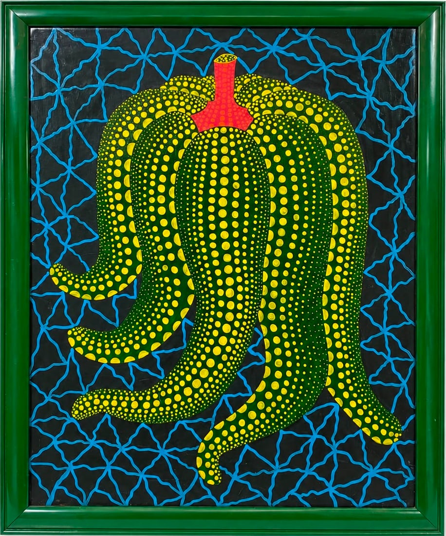 Yayoi Kusama Japanese 1929–Present Acrylic on Canvas Painting in the Style of Contemporary Pop Art: Title: Green Pumpkin Technique: Acrylic on Canvas. Measures: 31 x 23 inches (78.7 x 58.4 cm). Year: Circa 2005. Condition: Good overall condition. Brilliant color, crisp dot pattern, and clean painted