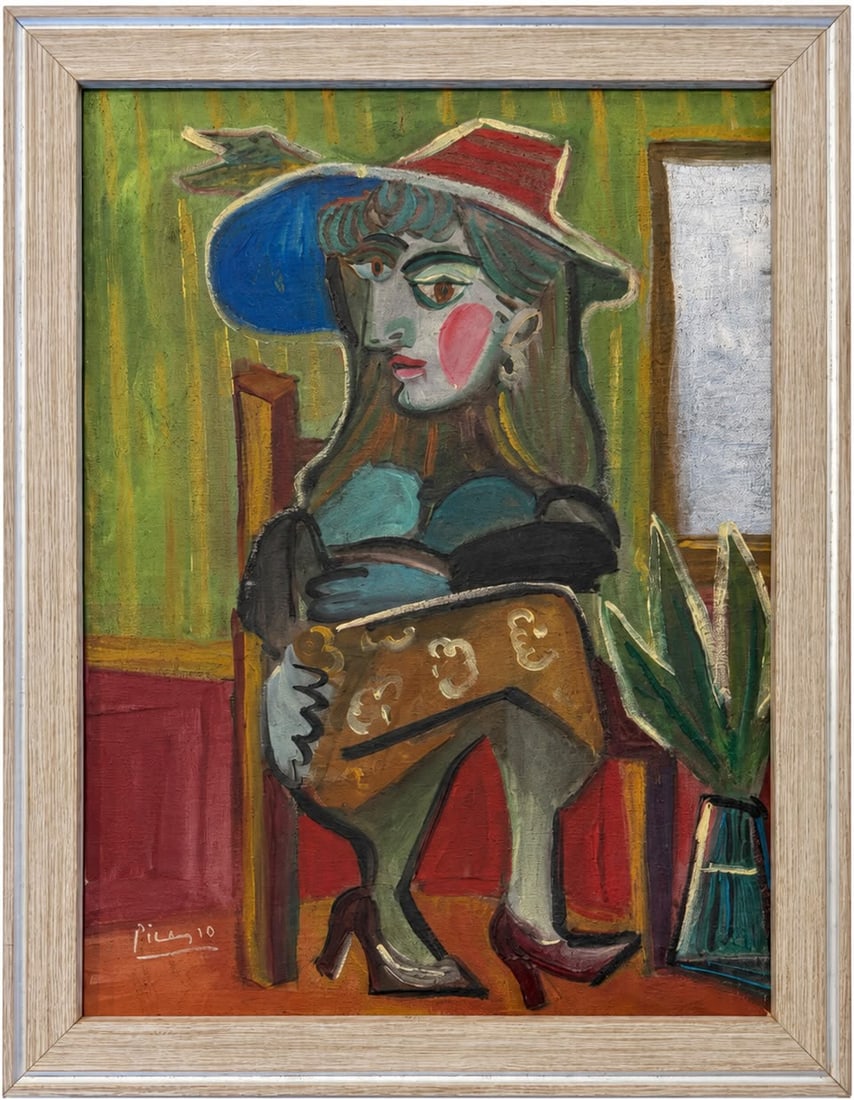 Pablo Picasso Spanish 1881-1973 Oil on Canvas painting in the style of . Dali,Chagall & Picasso Era: Title: Seated Woman in a Red and Blue Hat Technique: Oil on canvas Measures: 16 x 12 inches Year: Undated Condition: Good overall condition. The painted surface presents strong coloration, visible bru