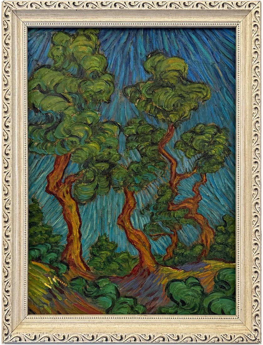 Vincent van Gogh Dutch 1853-1890 Oil on Canvas painting in the style of,Monet,Degas,Era.: Title: Cypress Grove Beneath a Radiant Sky Technique: Oil on canvas Measures: 15 x 11 inches Year: Undated Condition: Good overall condition. The painted surface presents vivid coloration with pronoun