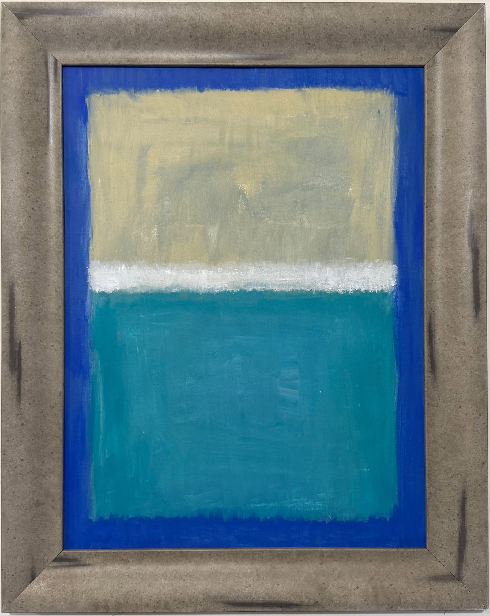 Mark Rothko American 1903-1970 Oil on Canvas painting in the style of ,Newman ,Pollock Era.: Title: Fields of Blue and Turquoise Technique: Oil on canvas Measures: 23 x 18 inches Year: Undated Condition: Good overall condition. The painted surface presents broad fields of saturated color with