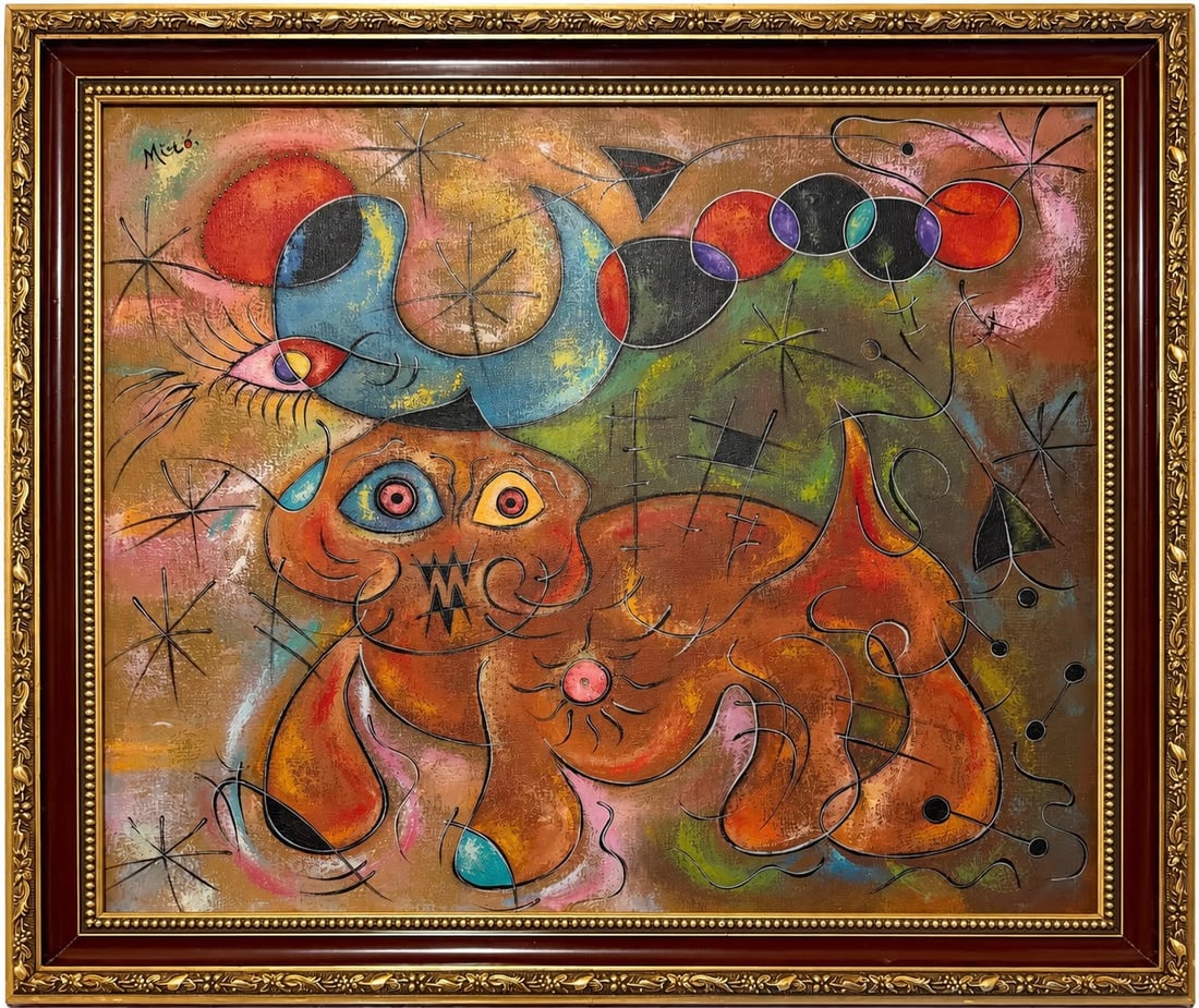 Joan Miró Spanish 1893-1983 Oil on Canvas painting in the style of, Dali,Picasso Era.: Title: Fantastical Figures Beneath a Celestial Bird Technique: Oil on canvas Measures: 20 x 24 inches Year: Undated Condition: Good overall condition. The painted surface presents vivid coloration, cl
