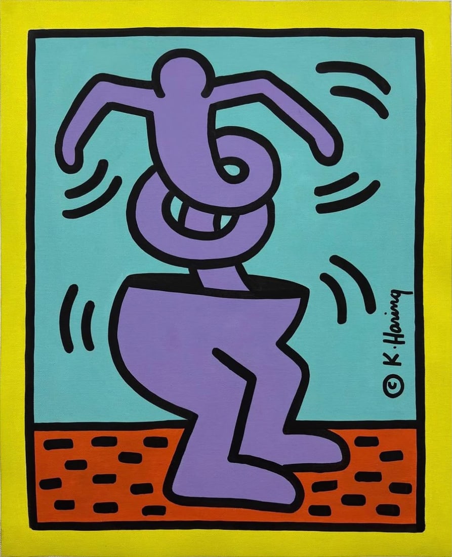 Keith Haring American 1958–1990 Acrylic on Canvas PaintingComposition in the Style of, Basquiat.: Title: Dancing Figure in Purple Technique: Acrylic on canvas Measures: 24 x 17 inches Year: Undated Condition: Good overall condition. The painted surface presents vivid, evenly saturated coloration