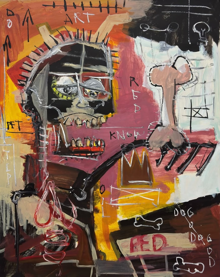 Jean-Michel Basquiat American 1960-1988 Acrylic on paper PaintingComposition in the Style of, Harin: Title: Figure with Crown, Skull, and Anatomical Forms Technique: Acrylic on paper Measures: 19 x 15 inches Year: Undated Condition: Good overall condition. The work presents vivid coloration with laye