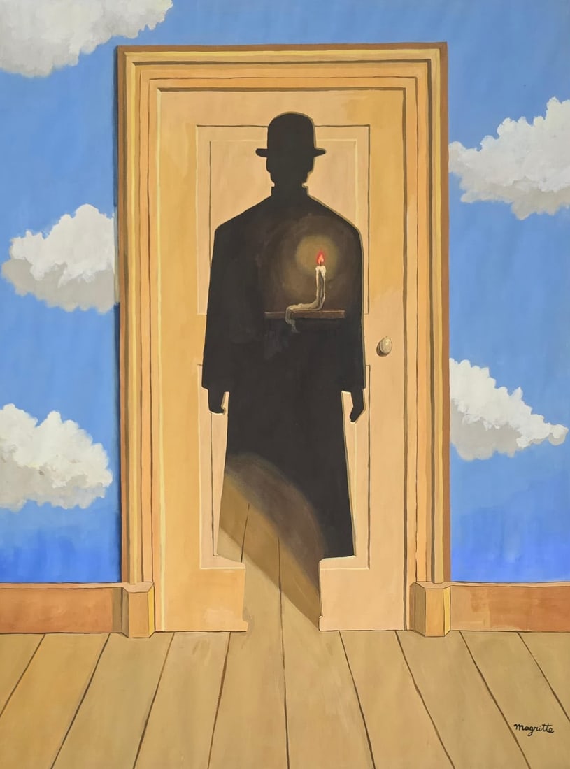 Rene Magritte Belgian 1898-1967 Gouache on paper painting in the style of ,Dali ,Ernst Era.: Title: The Threshold of the Unknown Technique: Gouache on paper Measures: 15 x 13 inches Year: Undated Condition: Good overall condition. The sheet presents well-preserved coloration with clearly defi