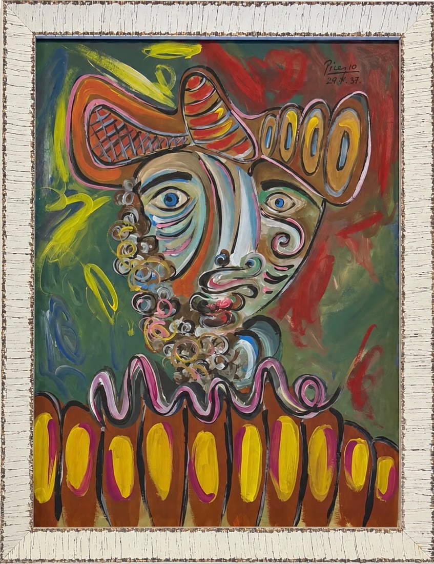 Pablo Picasso Spanish 1881-1973 Gouache on paper painting in the style of Dali,Chagall & Picasso Era: Title: Harlequin with Ornamental Headdress Technique: Gouache on paper Measures: 17 x 13 inches Year: Undated Condition: Good overall condition. The sheet presents vivid coloration with layered applic