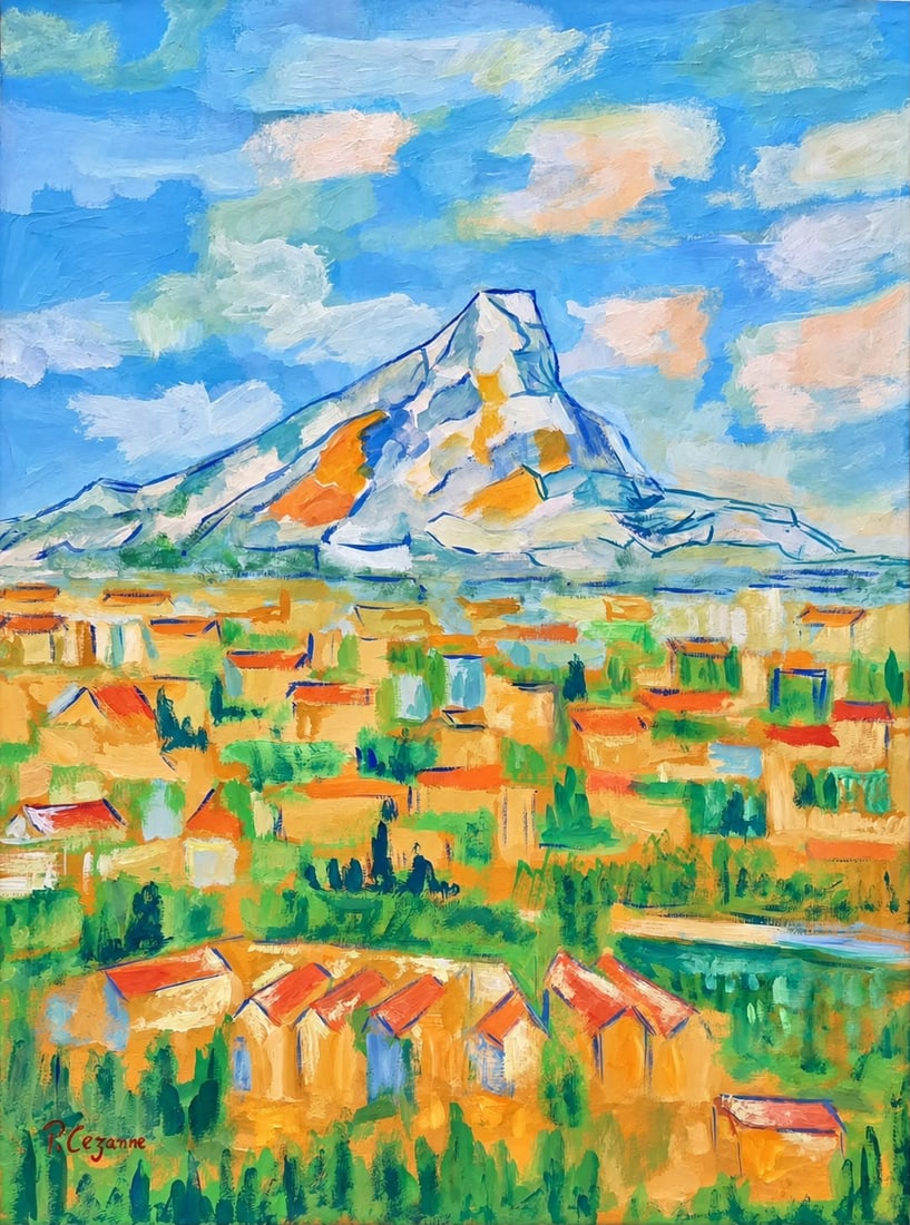 Paul Cézanne French 1839-1906 Watercolor on paper painting in the style of ,Pissarro ,Monet Era.: Title: Mountain Above the Provençal Village Technique: Watercolor on paper Measures: 17 x 13 inches Year: Undated Condition: Good overall condition. The sheet presents vivid coloration with layered p