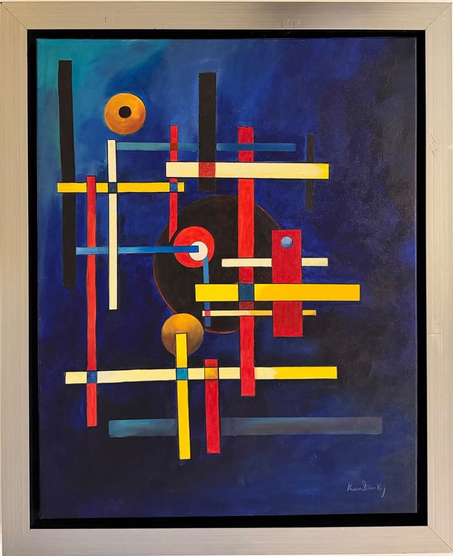 Wassily Kandinsky Russian 1866-1944 Oil on Canvas painting in the style of ,Klee ,Marc Era.: Title: Geometric Composition in Blue, Red, and Yellow Technique: Oil on canvas Measures: 29 x 23 inches (73.7 x 58.4 cm) Year: Undated Condition: Good condition. The painted surface presents vivid col