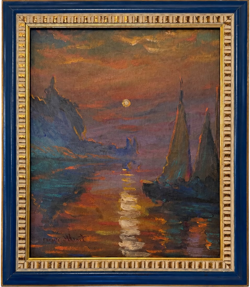 Claude Monet French 1840-1926 Oil on Canvas painting in the style of ,Renoir ,Degas Era.: Title: Sailboats at Sunset Technique: Oil on canvas Measures: 12 x 11 inches Year: Undated Condition: Good overall condition. The painted surface presents rich coloration with visible, textured brushw