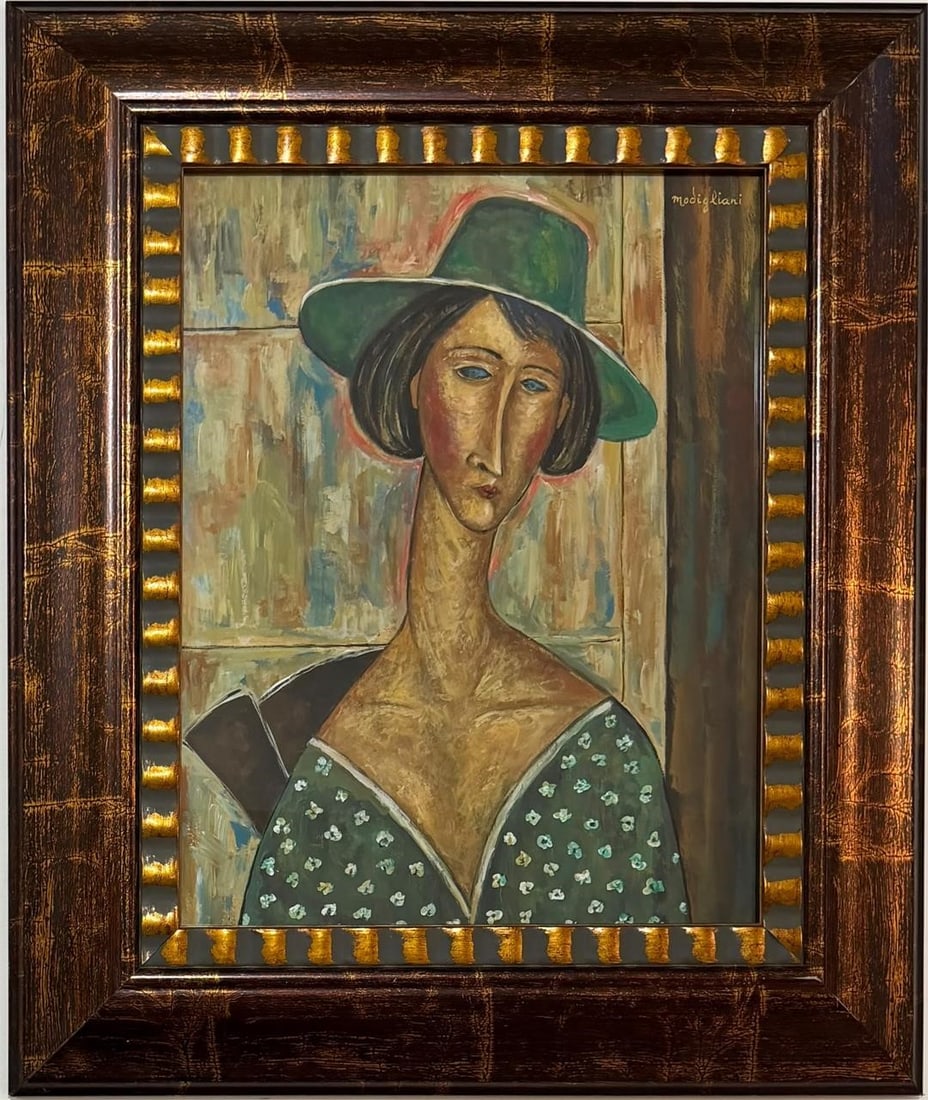 Amedeo Modigliani Italian 1884-1920 Watercolor on paper painting inthe styleof, Picasso,Soutine Era.: Title: Woman in a Green Hat Technique: Watercolor on paper Measures: 17 x 13 inches (43.2 x 33 cm) Year: Undated Condition: Good condition. The sheet presents well-preserved coloration with layered