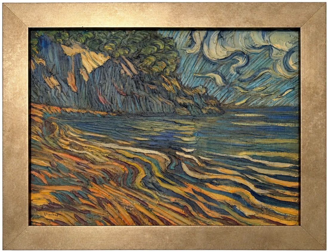 Vincent van Gogh Dutch 1853-1890 Oil on Canvas painting in the style of,Monet,Degas,Era.: Title: Coastal Landscape Beneath a Swirling Sky Technique: Oil on canvas Measures: 10 x 14 inches Year: Undated Condition: Good overall condition. The painted surface presents pronounced textural reli