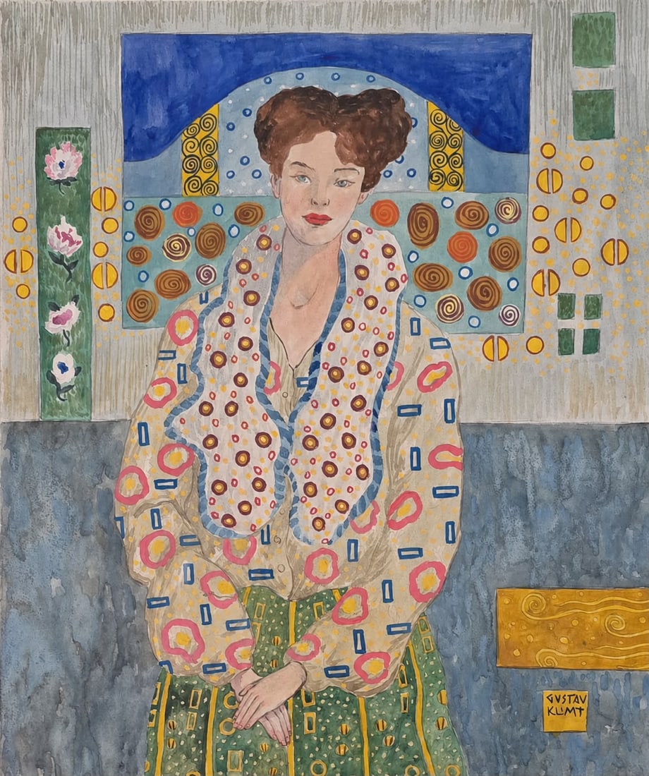 Gustav Klimt Austrian 1862-1918 Watercolor on Paper painting in the style of Monet ,Degas Era.: Title: Woman in an Ornamental Interior Technique: Watercolor on paper Measures: 15 x 13 inches Year: Undated Condition: Good overall condition. The sheet presents well-preserved coloration with carefu
