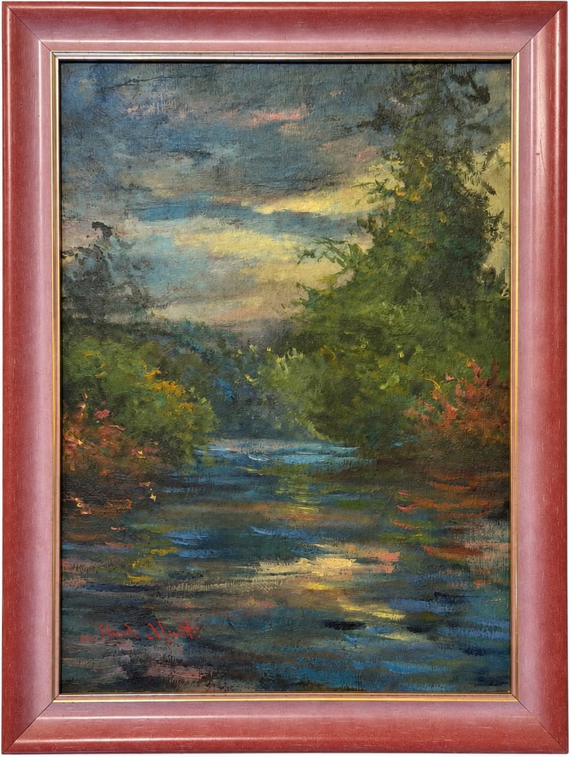 Claude Monet French 1840-1926 Oil on Canvas painting in the style of ,Renoir ,Degas Era.: Title: Reflections Along the Garden Waterway Technique: Oil on canvas Measures: 15 x 11 inches Year: Undated Condition: Good overall condition. The painted surface presents a richly textured applicati