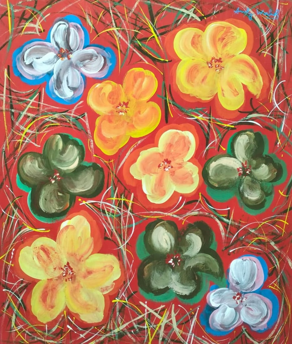 Andy Warhol American 1928-1987 Gouache on paper Painting in the Style of ,Haring ,Lichtenstein Era.: Title: Flowers Against a Red Field Technique: Gouache on paper Measures: 16 x 13 inches Year: Undated Condition: Good overall condition. The painted surface presents vivid coloration with broad applic