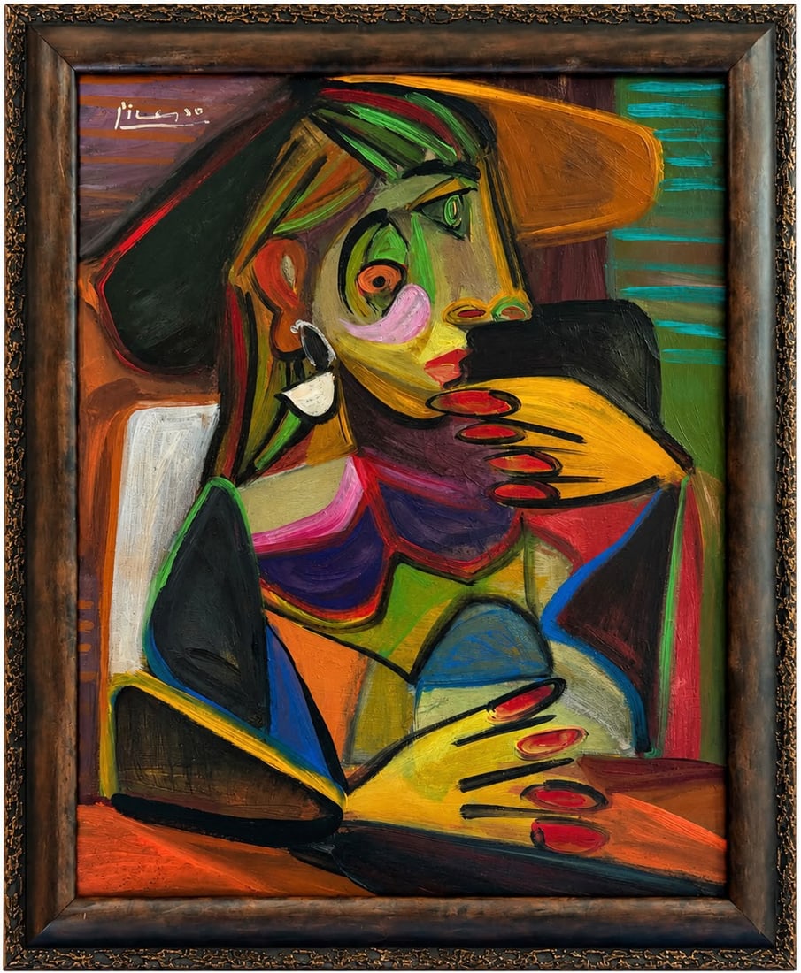 Pablo Picasso Spanish 1881-1973 Oil on Canvas painting in the style of . Dali,Chagall & Picasso Era: Title: Seated Woman with Red Fingernails Technique: Oil on canvas Measures: 20 x 16 inches Year: Undated Condition: Good overall condition. The painted surface presents vivid, well-preserved coloratio