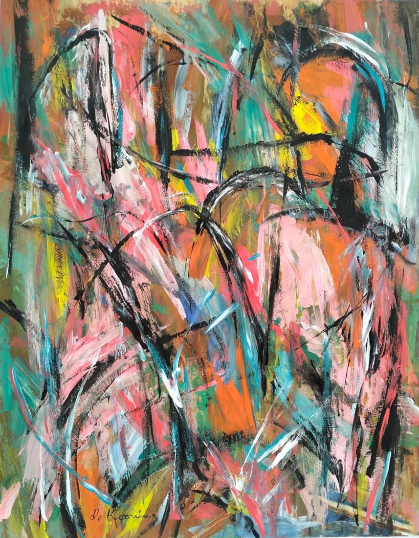 Willem de Kooning American 1904-1997 Gouache on paper painting in the style of ,Pollock ,Kline Era.: Title: Intersecting Figures in Pink and Turquoise Technique: Gouache on paper Measures: 17 x 13 inches Year: Undated Condition: Good overall condition. The painted surface presents strong, well-preser