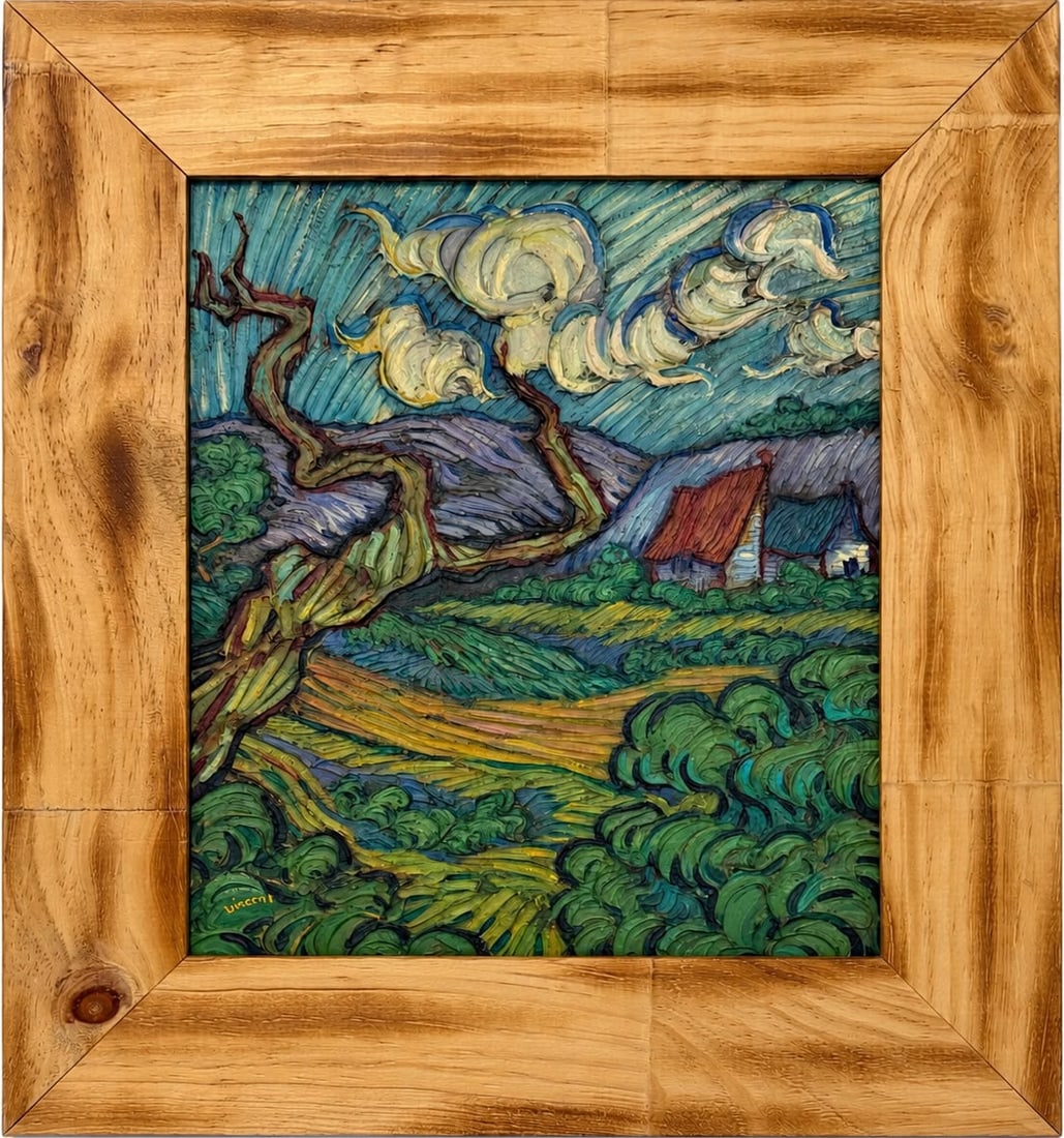 Vincent van Gogh Dutch 1853-1890 Oil on Canvas painting in the style of,Monet,Degas,Era.: Title: Windswept Fields with Cottages Technique: Oil on canvas Measures: 12 x 11 inches Year: Undated Condition: Good overall condition. The painted surface presents pronounced textural relief with de