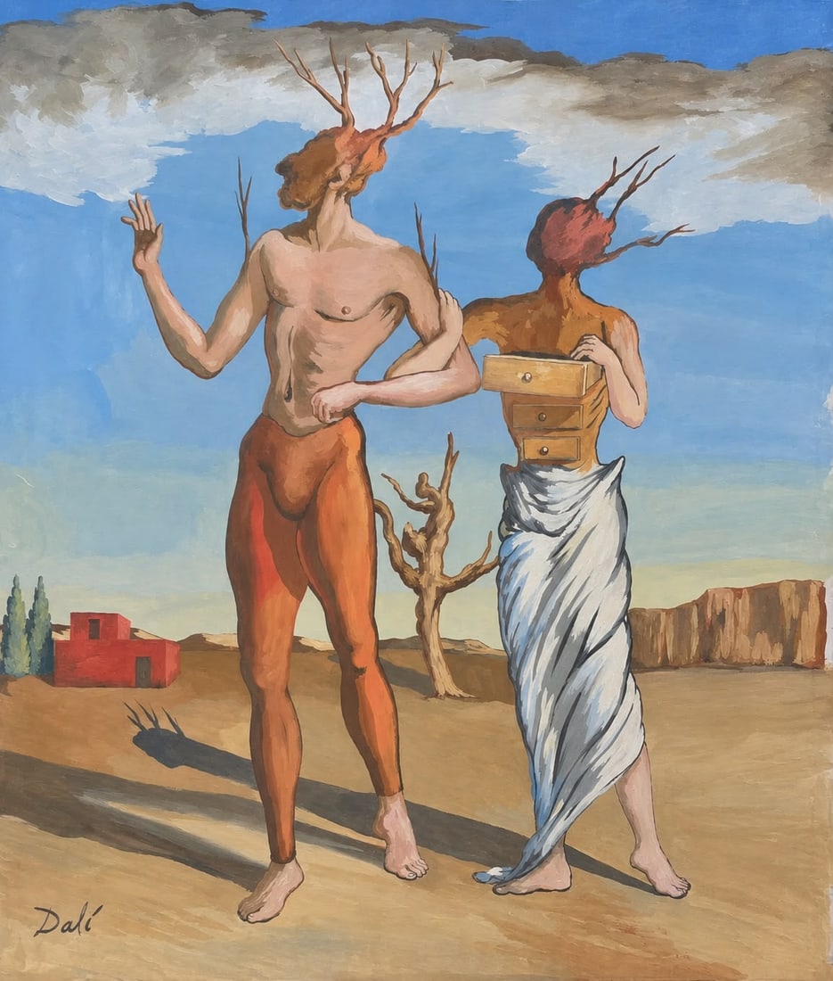 Salvador Dalí Spanish 1904-1989 Gouache on paper painting in the style of ,Picasso ,Miro Era.: Title: Figures with Branching Forms in a Desert Landscape Technique: Gouache on paper Measures: 14 x 12 inches Year: Undated Condition: Good overall condition. The painted surface presents well-preser
