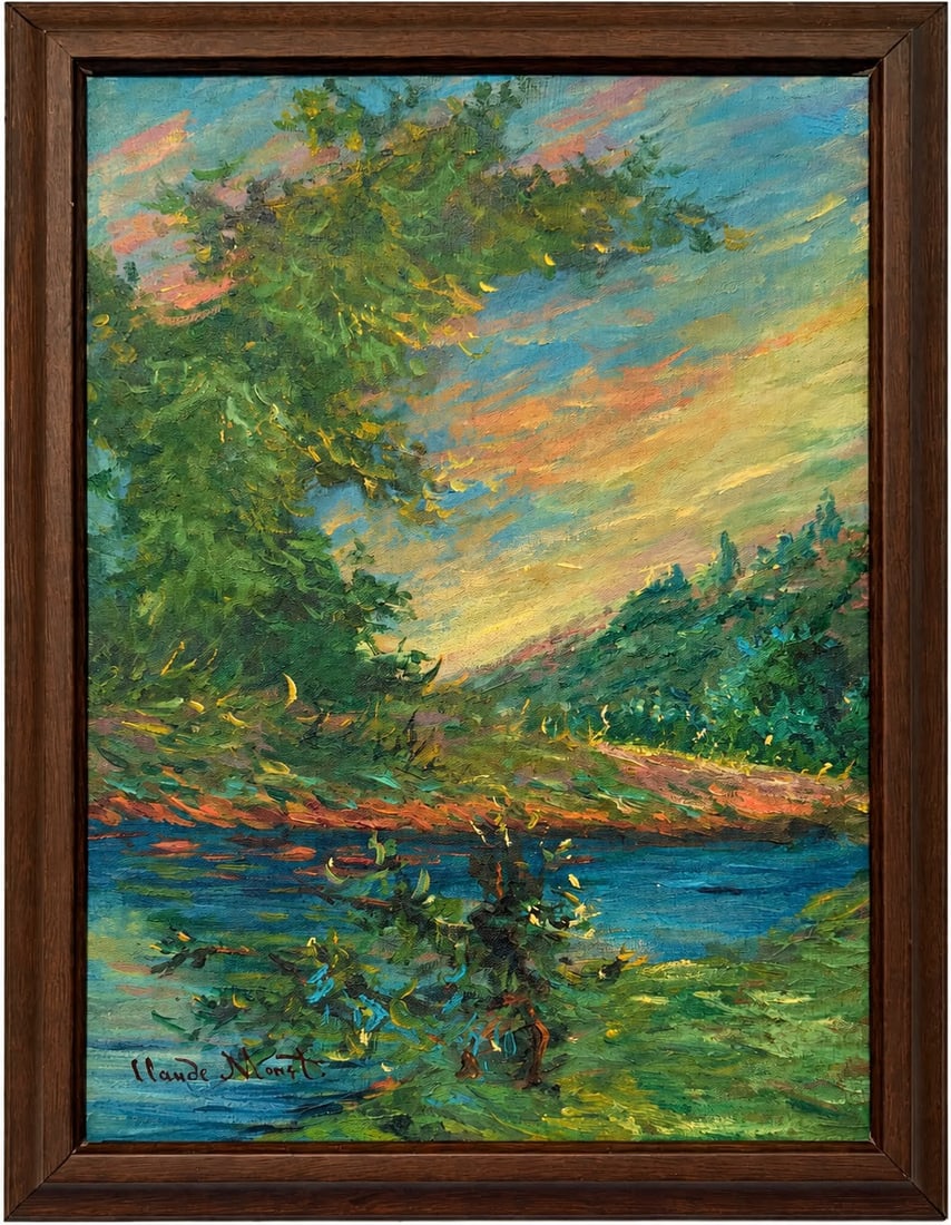 Claude Monet French 1840-1926 Oil on Canvas painting in the style of ,Renoir ,Degas Era.: Title: Riverbank at Sunset Technique: Oil on canvas Measures: 15 x 11 inches Year: Undated Condition: Good overall condition. The painted surface presents rich, well-preserved coloration with layered 